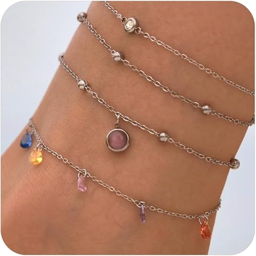 Ankle Bracelets for Women Glitter Waterproof Adjustable Anklet Set for Women 18K Gold Plated Silver Charm Dainty Layered Anklets, Summer Beach Anklet Jewelry for Women JL-082
