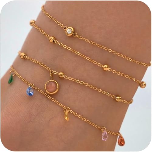 Ankle Bracelets for Women Glitter Waterproof Adjustable Anklet Set for Women 18K Gold Plated Silver Charm Dainty Layered Anklets, Summer Beach Anklet Jewelry for Women JL-082