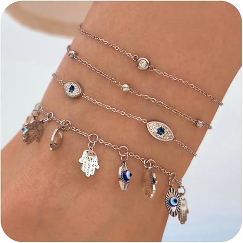 Ankle Bracelets for Women Glitter Waterproof Adjustable Anklet Set for Women 18K Gold Plated Silver Charm Dainty Layered Anklets, Summer Beach Anklet Jewelry for Women JL-082