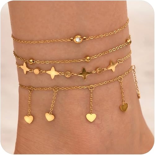 Ankle Bracelets for Women Glitter Waterproof Adjustable Anklet Set for Women 18K Gold Plated Silver Charm Dainty Layered Anklets, Summer Beach Anklet Jewelry for Women JL-082
