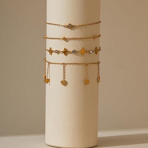 Ankle Bracelets for Women Glitter Waterproof Adjustable Anklet Set for Women 18K Gold Plated Silver Charm Dainty Layered Anklets, Summer Beach Anklet Jewelry for Women JL-082