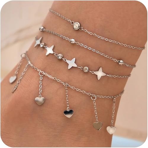 Ankle Bracelets for Women Glitter Waterproof Adjustable Anklet Set for Women 18K Gold Plated Silver Charm Dainty Layered Anklets, Summer Beach Anklet Jewelry for Women JL-082