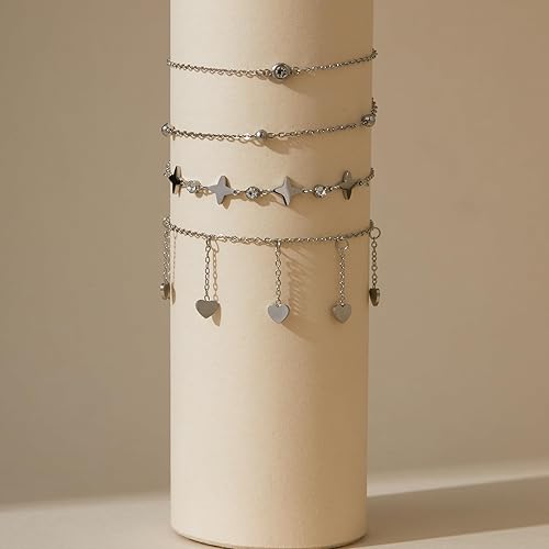 Ankle Bracelets for Women Glitter Waterproof Adjustable Anklet Set for Women 18K Gold Plated Silver Charm Dainty Layered Anklets, Summer Beach Anklet Jewelry for Women JL-082