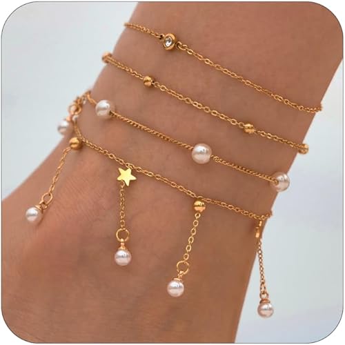 Ankle Bracelets for Women Glitter Waterproof Adjustable Anklet Set for Women 18K Gold Plated Silver Charm Dainty Layered Anklets, Summer Beach Anklet Jewelry for Women JL-082
