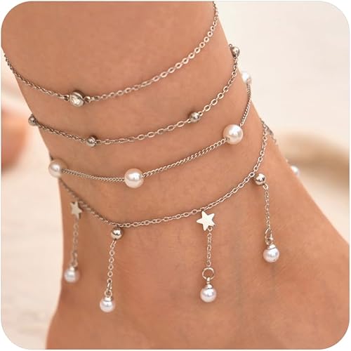 Ankle Bracelets for Women Glitter Waterproof Adjustable Anklet Set for Women 18K Gold Plated Silver Charm Dainty Layered Anklets, Summer Beach Anklet Jewelry for Women JL-082