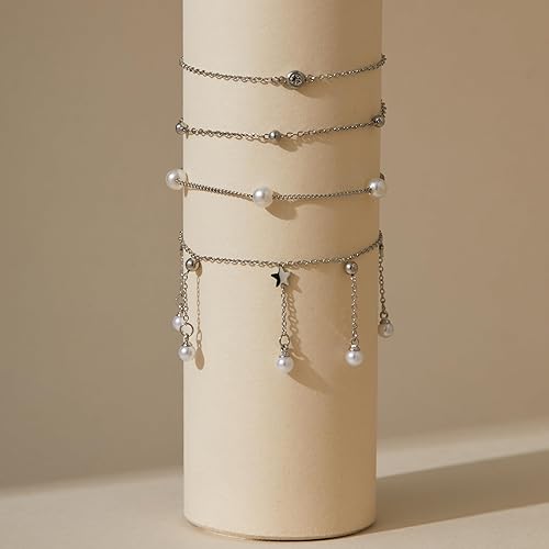 Ankle Bracelets for Women Glitter Waterproof Adjustable Anklet Set for Women 18K Gold Plated Silver Charm Dainty Layered Anklets, Summer Beach Anklet Jewelry for Women JL-082