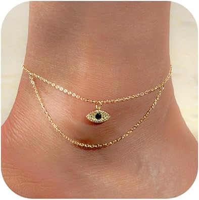 Ankle Bracelets for Women 14K Gold Silver Plated Anklets for Women Waterproof Boho Evil Eye Pearl Charm Pendant Beaded Foot Chain Adjustable Dainty Summer Beach Jewelry Set Gifts Non Tarnish JL-084