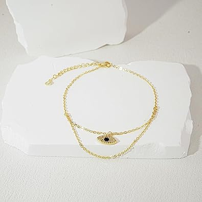 Ankle Bracelets for Women 14K Gold Silver Plated Anklets for Women Waterproof Boho Evil Eye Pearl Charm Pendant Beaded Foot Chain Adjustable Dainty Summer Beach Jewelry Set Gifts Non Tarnish JL-084