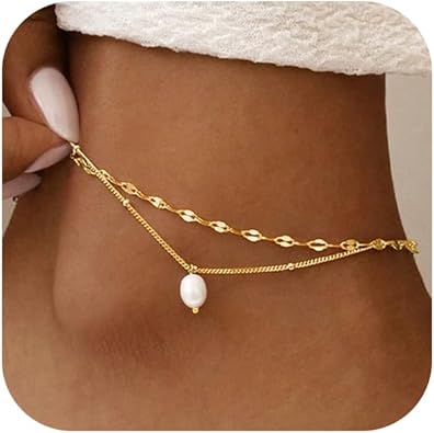 Ankle Bracelets for Women 14K Gold Silver Plated Anklets for Women Waterproof Boho Evil Eye Pearl Charm Pendant Beaded Foot Chain Adjustable Dainty Summer Beach Jewelry Set Gifts Non Tarnish JL-084