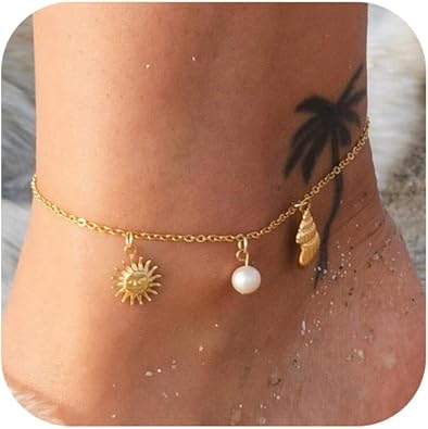 Ankle Bracelets for Women 14K Gold Silver Plated Anklets for Women Waterproof Boho Evil Eye Pearl Charm Pendant Beaded Foot Chain Adjustable Dainty Summer Beach Jewelry Set Gifts Non Tarnish JL-084