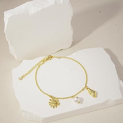 Ankle Bracelets for Women 14K Gold Silver Plated Anklets for Women Waterproof Boho Evil Eye Pearl Charm Pendant Beaded Foot Chain Adjustable Dainty Summer Beach Jewelry Set Gifts Non Tarnish JL-084