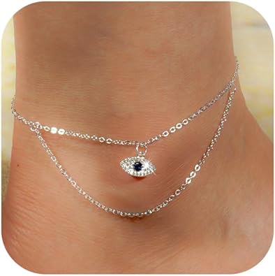 Ankle Bracelets for Women 14K Gold Silver Plated Anklets for Women Waterproof Boho Evil Eye Pearl Charm Pendant Beaded Foot Chain Adjustable Dainty Summer Beach Jewelry Set Gifts Non Tarnish JL-084