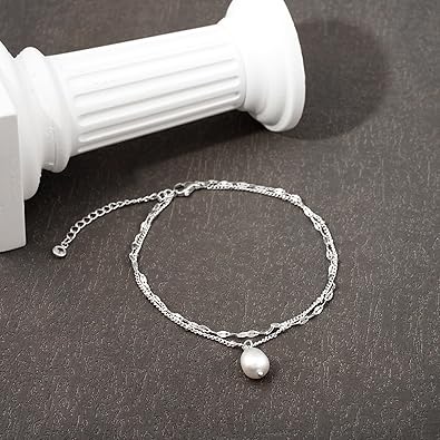 Ankle Bracelets for Women 14K Gold Silver Plated Anklets for Women Waterproof Boho Evil Eye Pearl Charm Pendant Beaded Foot Chain Adjustable Dainty Summer Beach Jewelry Set Gifts Non Tarnish JL-084