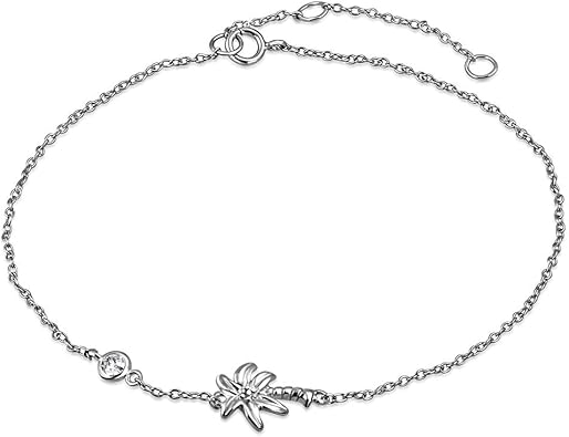 925 Sterling Silver Bezel-Set CZ Palm Tree Women's Link Chain Anklet Bracelet JL-086
