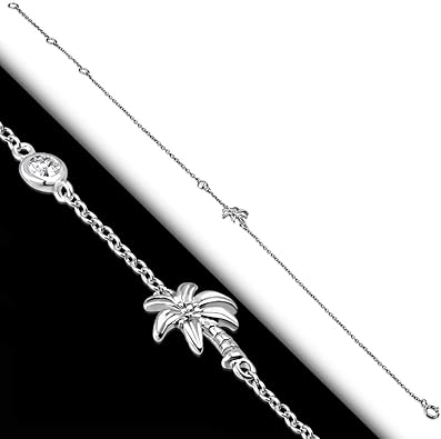 925 Sterling Silver Bezel-Set CZ Palm Tree Women's Link Chain Anklet Bracelet JL-086