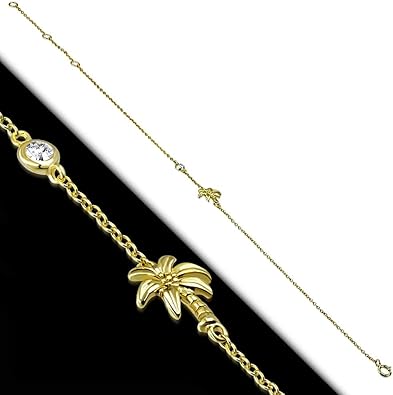 925 Sterling Silver Bezel-Set CZ Palm Tree Women's Link Chain Anklet Bracelet JL-086