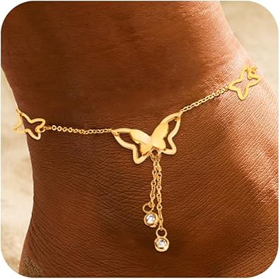 Gold Anklets Ankle Bracelets for Women Waterproof 18K Gold Plated Beads Link Bow Shell Starfish Pearl Butterfly Pendant Women Beach Jewelry Gift Adjustable Size JL-091