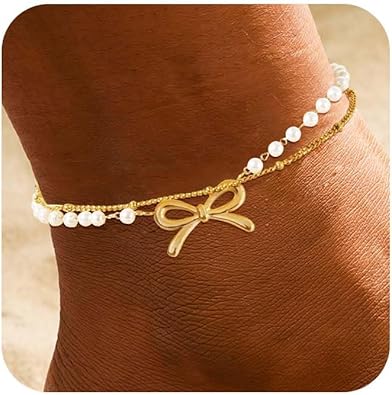 Gold Anklets Ankle Bracelets for Women Waterproof 18K Gold Plated Beads Link Bow Shell Starfish Pearl Butterfly Pendant Women Beach Jewelry Gift Adjustable Size JL-091