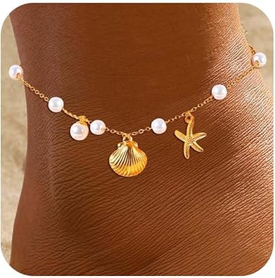 Gold Anklets Ankle Bracelets for Women Waterproof 18K Gold Plated Beads Link Bow Shell Starfish Pearl Butterfly Pendant Women Beach Jewelry Gift Adjustable Size JL-091