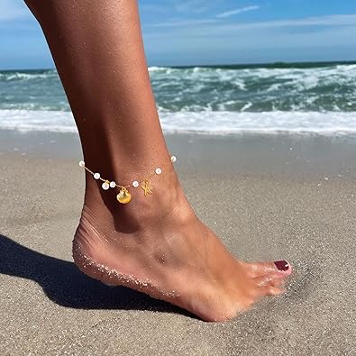 Gold Anklets Ankle Bracelets for Women Waterproof 18K Gold Plated Beads Link Bow Shell Starfish Pearl Butterfly Pendant Women Beach Jewelry Gift Adjustable Size JL-091