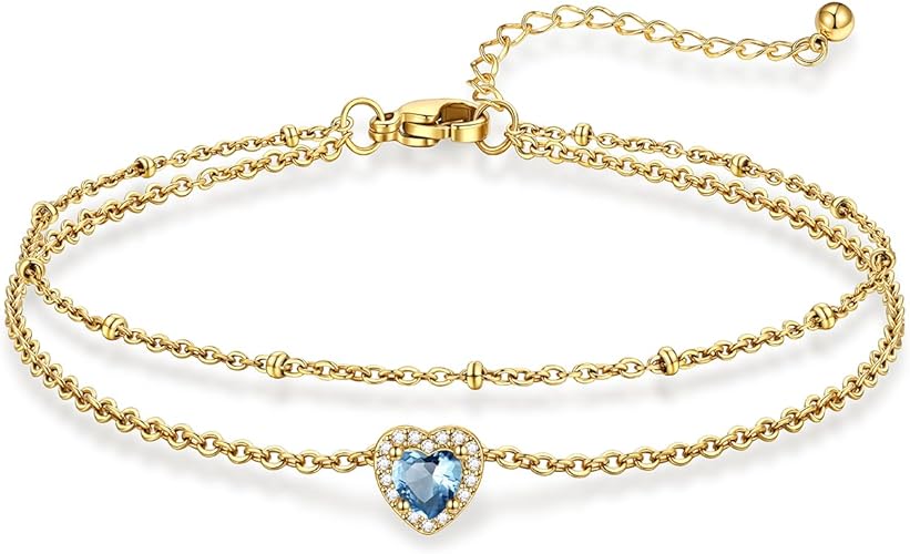 Stainless Steel Anklets for Women with Birthstone - Adjustable Gold Ankle Bracelets for Beach Weddings, Summer Vacations & Pool Parties JL-092