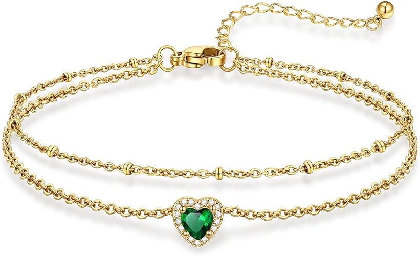 Stainless Steel Anklets for Women with Birthstone - Adjustable Gold Ankle Bracelets for Beach Weddings, Summer Vacations & Pool Parties JL-092