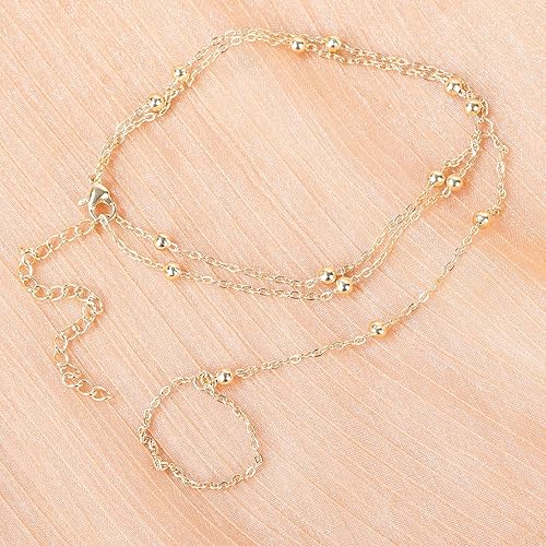 Dainty Gold Ankle Bracelet for Women, Adjustable Beaded Golden Anklet with Toe Ring Waterproof Foot Jewelry Minimalist Gold Ankle Chain for Beach & Summer JL-093