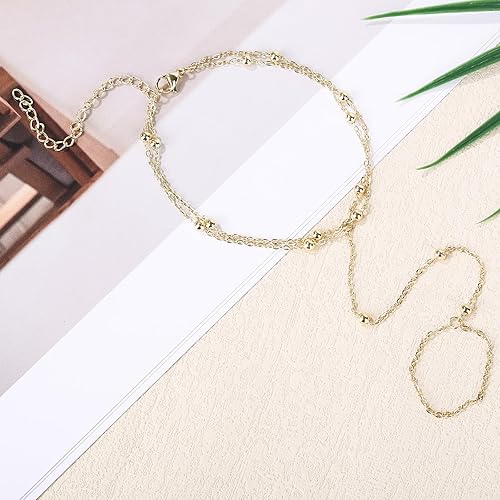 Dainty Gold Ankle Bracelet for Women, Adjustable Beaded Golden Anklet with Toe Ring Waterproof Foot Jewelry Minimalist Gold Ankle Chain for Beach & Summer JL-093