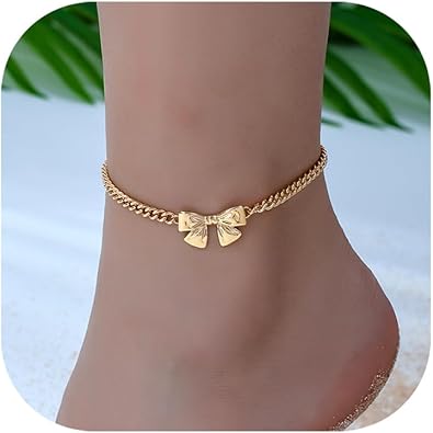 Gold Ankle Bracelets for Women 18K Gold Anklets for Women Bow Ankle Bracelets Cuban Link Anklet Foot Bracelet Beach Anklet Jewelry for Women JL-094