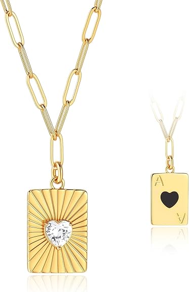 Womens 2 Side Ace of Hearts Necklaces 18K Gold Plated Cubic Zirconia Heart Square Geometric Pendant Necklaces Trendy Jewelry Gifts XL-087