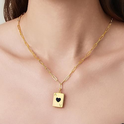 Womens 2 Side Ace of Hearts Necklaces 18K Gold Plated Cubic Zirconia Heart Square Geometric Pendant Necklaces Trendy Jewelry Gifts XL-087