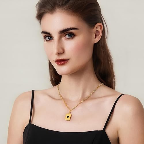 Womens 2 Side Ace of Hearts Necklaces 18K Gold Plated Cubic Zirconia Heart Square Geometric Pendant Necklaces Trendy Jewelry Gifts XL-087