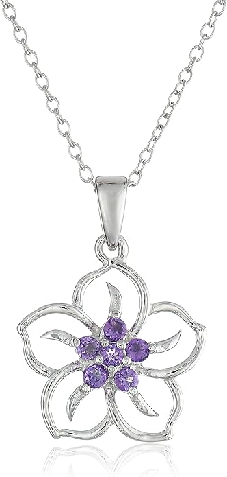 Genuine or Created Gemstone Birthstone Flower Pendant Necklace with Chain in Sterling Silver, 18" XL-093