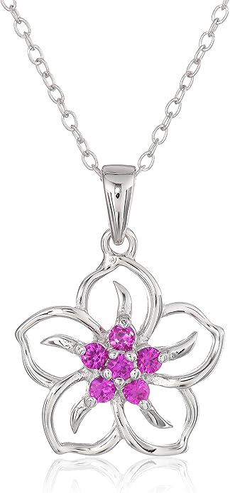 Genuine or Created Gemstone Birthstone Flower Pendant Necklace with Chain in Sterling Silver, 18" XL-093
