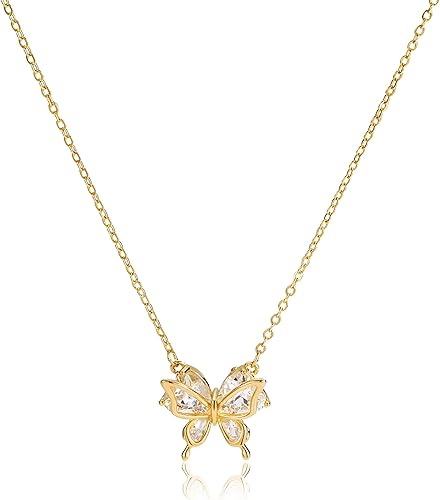 Dainty Gold Necklace for Women, Two Tone Cubic Zirconia Pendant Necklaces, 14K Gold Plated Butterfly Necklace, Trendy Charm Ring Pendant Jewelry for Daily Wear and Gifts XL-096