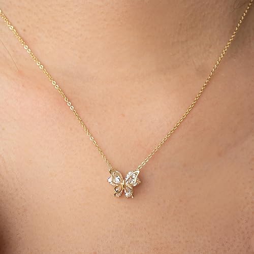 Dainty Gold Necklace for Women, Two Tone Cubic Zirconia Pendant Necklaces, 14K Gold Plated Butterfly Necklace, Trendy Charm Ring Pendant Jewelry for Daily Wear and Gifts XL-096