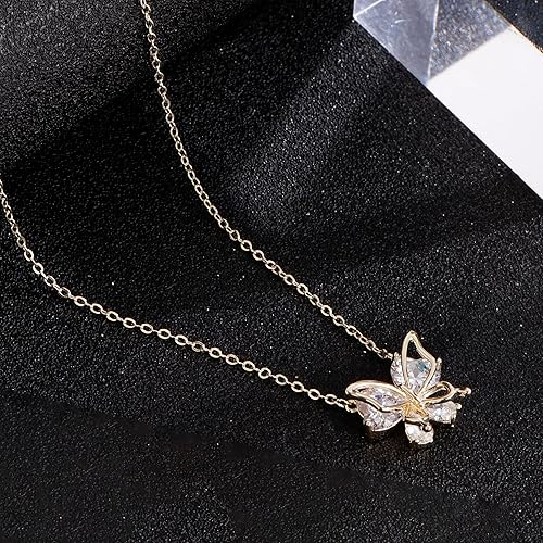 Dainty Gold Necklace for Women, Two Tone Cubic Zirconia Pendant Necklaces, 14K Gold Plated Butterfly Necklace, Trendy Charm Ring Pendant Jewelry for Daily Wear and Gifts XL-096