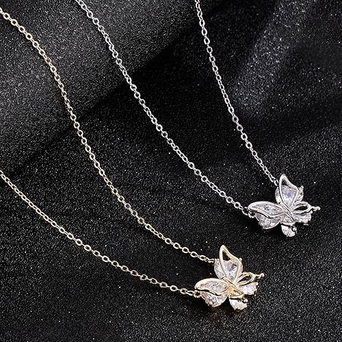 Dainty Gold Necklace for Women, Two Tone Cubic Zirconia Pendant Necklaces, 14K Gold Plated Butterfly Necklace, Trendy Charm Ring Pendant Jewelry for Daily Wear and Gifts XL-096