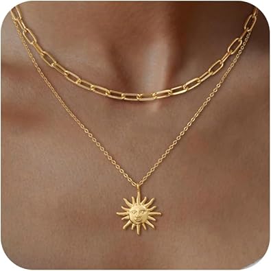 Layered Necklaces for Women Trendy, Dainty 14k Gold Plated Pendant Necklace Layering Necklace for Women Non Tarnish Hypoallergenic Sun Gold Necklace Stack Gold Jewelry for Women Gifts XL-098