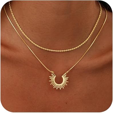 Layered Necklaces for Women Trendy, Dainty 14k Gold Plated Pendant Necklace Layering Necklace for Women Non Tarnish Hypoallergenic Sun Gold Necklace Stack Gold Jewelry for Women Gifts XL-098
