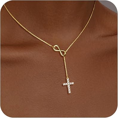 Cross Necklace for Women 14K Gold/Silver Plated Dainty Infinity Long Pendant Charm Necklace Trendy Non Tarnish Waterproof Jewelry Simple Religious Christian Baptism Faith Jewelry Gifts Christmas XL-100