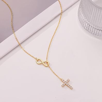 Cross Necklace for Women 14K Gold/Silver Plated Dainty Infinity Long Pendant Charm Necklace Trendy Non Tarnish Waterproof Jewelry Simple Religious Christian Baptism Faith Jewelry Gifts Christmas XL-100