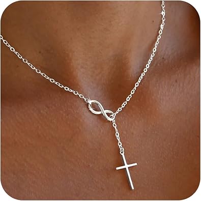 Cross Necklace for Women 14K Gold/Silver Plated Dainty Infinity Long Pendant Charm Necklace Trendy Non Tarnish Waterproof Jewelry Simple Religious Christian Baptism Faith Jewelry Gifts Christmas XL-100