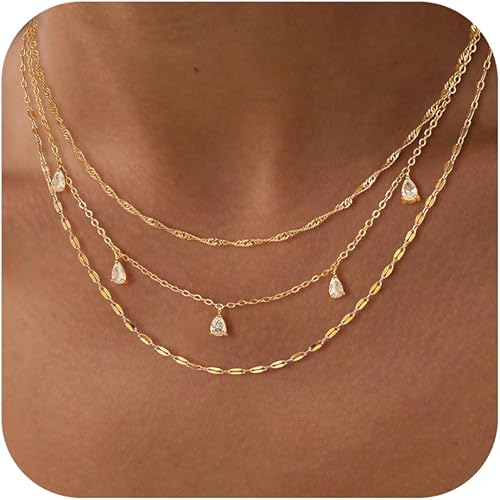 Layered Necklaces for Women, Dainty Gold Necklace Stack 14k Gold Plated Layering Cubic Zirconia Choker Necklaces for Women Trendy Simple Layered Gold Necklace Set Fashion Jewelry XL-101
