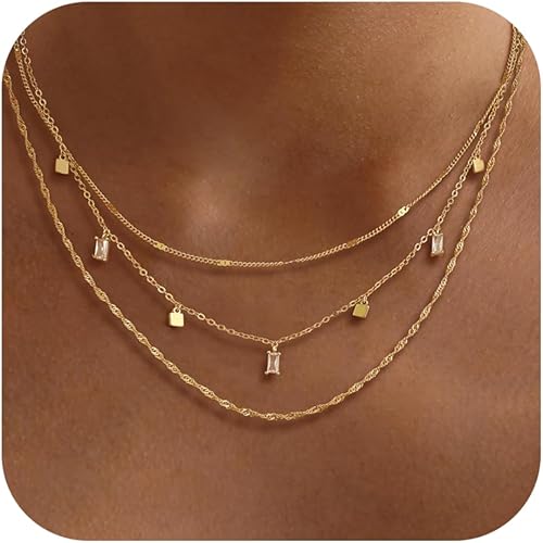 Layered Necklaces for Women, Dainty Gold Necklace Stack 14k Gold Plated Layering Cubic Zirconia Choker Necklaces for Women Trendy Simple Layered Gold Necklace Set Fashion Jewelry XL-101