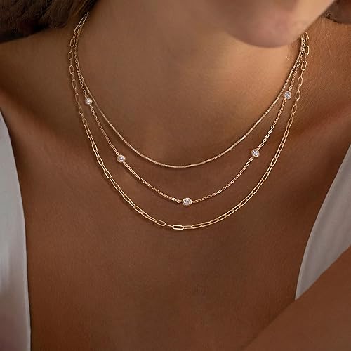 Layered Necklaces for Women, Dainty Gold Necklace Stack 14k Gold Plated Layering Cubic Zirconia Choker Necklaces for Women Trendy Simple Layered Gold Necklace Set Fashion Jewelry XL-101