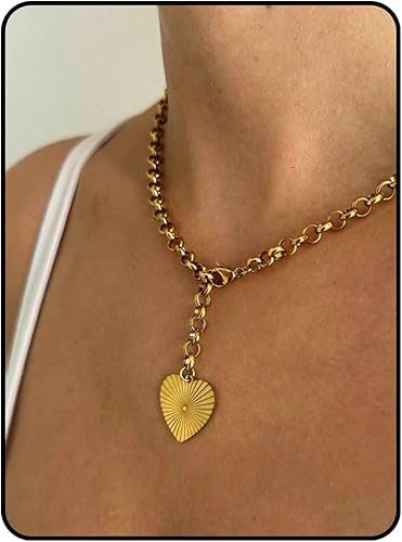 Gold Heart Necklace for Women, Chunky Chain Pendant Statement Y Necklaces Dainty Trendy Adjustable Non Tarnish Waterproof Stainless Steel Necklace Gift XL-102