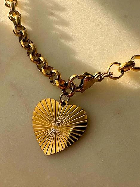 Gold Heart Necklace for Women, Chunky Chain Pendant Statement Y Necklaces Dainty Trendy Adjustable Non Tarnish Waterproof Stainless Steel Necklace Gift XL-102