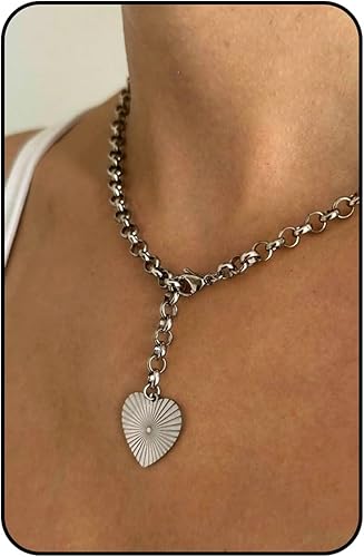 Gold Heart Necklace for Women, Chunky Chain Pendant Statement Y Necklaces Dainty Trendy Adjustable Non Tarnish Waterproof Stainless Steel Necklace Gift XL-102