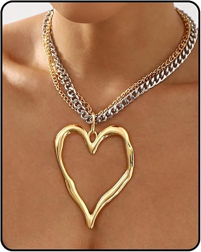Gold Heart Necklace for Women, Chunky Chain Pendant Statement Y Necklaces Dainty Trendy Adjustable Non Tarnish Waterproof Stainless Steel Necklace Gift XL-102